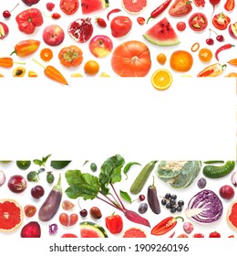 Frame From Various Vegetables And Fruits Isolated On White Background, Top View, Creative Flat Layout. Concept Of Healthy Eating, Food Background.