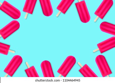 Frame of vibrant pink popsicles against a pastel blue background. Copy space.