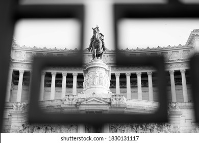 A framed detail of a statue of Victor Emmanuel at the Altar of Fatherland in Rome, Italy