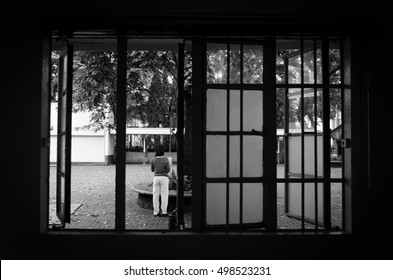 Framed shot through a window featuring a woman reading 