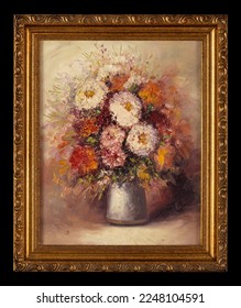 Framed still life impasto oil painting depicting multi colored dahlia flower heads in a gray vase. Beautiful vintage floral painting. - Shutterstock ID 2248104591