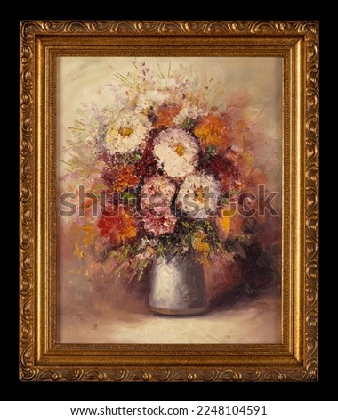 Framed still life impasto oil painting depicting multi colored dahlia flower heads in a gray vase. Beautiful vintage floral painting.