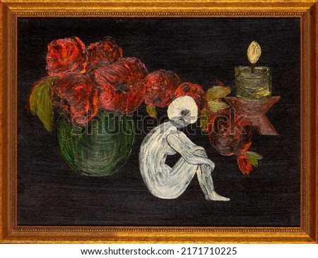 Framed surrealist oil painting on canvas with flowers bouquet, a burning candle,  and stylized woman in meditating position.