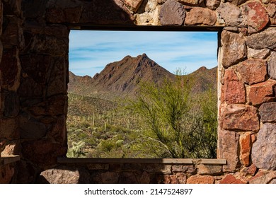 Framed View of The Sonoran Desert Through Window of The Bowen Stone Homestead Ruins, Tucson Mountain Park, Tucson, Arizona, USA