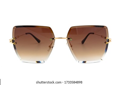 Frameless rectangular sunglasses and brown color gradient lenses   isolated white background  front view 