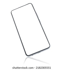 frameless smartphone standing at an angle, with a blank screen on a white isolated background