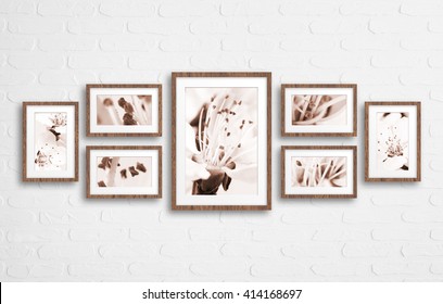 Frames collage with floral posters,seven sets mockup on white bricks textured wall