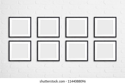 Frames Collage On White Bricks Wall Background, Interior Decor Mock Up 