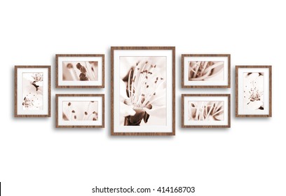Frames collage with spring blossom motif pictures, abstract floral design mock up.