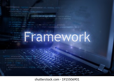 Framework inscription against laptop and code background. Technology concept.
