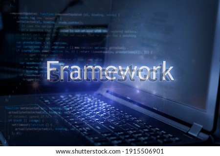 Framework inscription against laptop and code background. Technology concept.