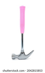 Framing Hammer With Pink Rubber Long Handle Straight Rip Claw With Smooth Face And Shock Reduction Grip Isolated On White Background. Vertical Image For Online Showcase