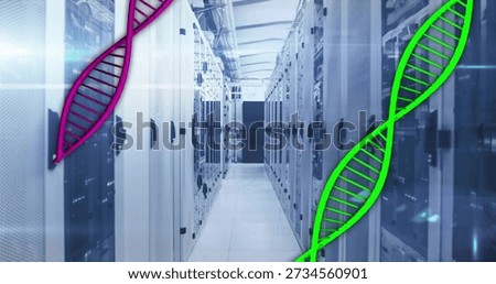 Framing server aisle converging to dark bay in data center, with magenta and green DNA overlay. Cabinets, corridor, futuristic, biotech, neon, twotone, reflective