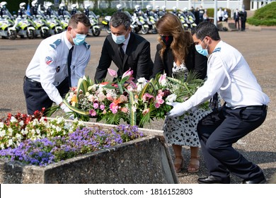 Vélizy, FRANCE - 11 Sept. 2020: Minister Of The Interior Gérald Darmanin With Minister Delegate In Charge Of Citizenship Marlène Schiappa During Honors To The Dead At Zonal Directorate Of CRS Paris.