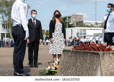 Vélizy, FRANCE - 11 Sept. 2020: Minister Of The Interior Gérald Darmanin With Minister Delegate In Charge Of Citizenship Marlène Schiappa During Honors To The Dead At Zonal Directorate Of CRS Paris.