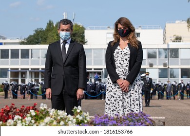 Vélizy, FRANCE - 11 Sept. 2020: Minister Of The Interior Gérald Darmanin With Minister Delegate In Charge Of Citizenship Marlène Schiappa During Honors To The Dead At Zonal Directorate Of CRS Paris.