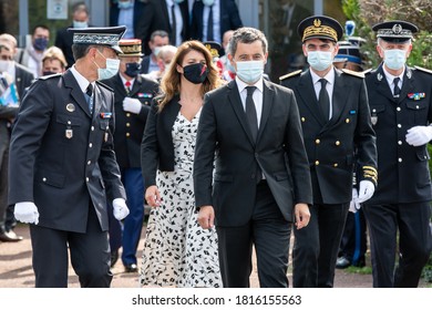 Vélizy, FRANCE - 11 Sept. 2020: Minister Of The Interior Gérald Darmanin With Minister Delegate In Charge Of Citizenship Marlène Schiappa Before Ceremony At Zonal Directorate Of CRS Paris.