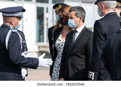 Vélizy, FRANCE - 11 Sept. 2020: Minister Of The Interior Gérald Darmanin With Minister Delegate In Charge Of Citizenship Marlène Schiappa Before Ceremony At Zonal Directorate Of CRS Paris.