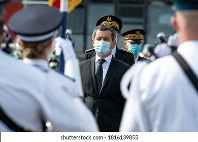 Vélizy, FRANCE - 11th Sept. 2020 : French Minister Of The Interior Gérald Darmanin Reviewing The Troops Of CRS, Republican Security Companies At Zonal Directorate Of CRS Paris.