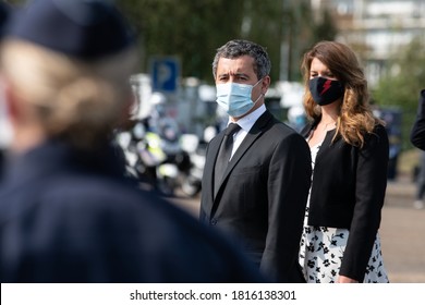 Vélizy, FRANCE - 11th Sept. 2020 : Minister Of The Interior Gérald Darmanin And Minister Delegate In Charge Of Citizenship Marlène Schiappa Reviewing The Troops At Zonal Directorate Of CRS Paris.