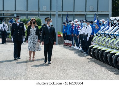 Vélizy, FRANCE - 11th Sept. 2020 : Minister Of The Interior Gérald Darmanin And Minister Delegate In Charge Of Citizenship Marlène Schiappa Reviewing The Troops At Zonal Directorate Of CRS Paris.