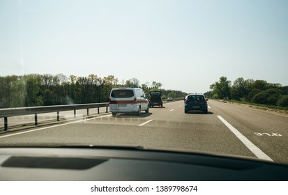 France - Apr 19, 2019: Driver Poit Of View POV At French Ambulance Offering Assistance To Car Involved In Road Highway Autoroute Accident With No Or Little Injuries