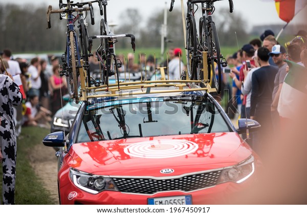 Mons-en-Pévèle, France - April 8, 2018: Team\
Bahrain Merida service car on the race course of the Paris-Roubaix\
UCI men elite road racing\
event