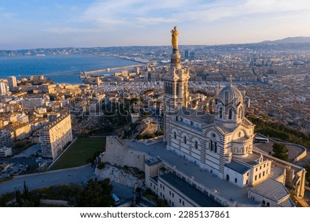 France Bouches-du-Rhone (13) Marseille. Aerial view of the Catholic basilica Notre Dame de la Garde
