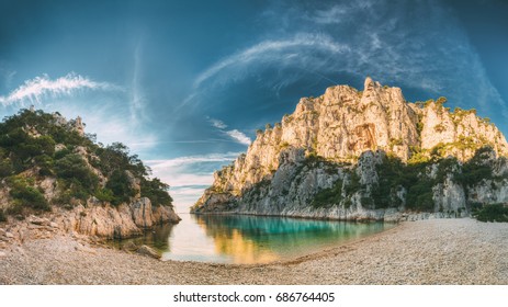 France, Cassis. Panorama Of Beautiful Nature Of Calanques On The Azure Coast Of France At Morning Sunrise Time. Coast The En Vau Near In South France. Mediterranean Sea.