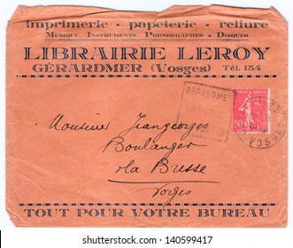 FRANCE - CIRCA 1918: A old used French envelope (campaign poster) with inscription "Library  Leroy. Printing. Stationery. Bookbinding. Musical Instruments. Phonographs; series, circa 1918