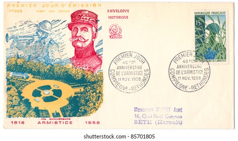 FRANCE  - CIRCA 1958:  An Old French Envelope (campaign Poster) Issued In Honor Of The 40th Anniversary Of The Armistice Between The Allies And Germany In The First World War, Series, Circa 1958