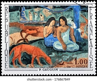 FRANCE - CIRCA 1968: A stamp printed by FRANCE shows Painting Merriment (L'arearea) by French Post-Impressionist artist Paul Gauguin, circa 1968