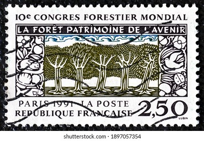 France - Circa 1991 : Cancelled Postage Stamp Printed By France, That Shows Forest And Promotes 10th World Forestry Congress - Paris, Circa 1991.