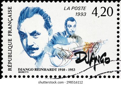 FRANCE - CIRCA 1993: A stamp printed by FRANCE shows image portrait of Jean Django Reinhardt - famous Musician, Pioneering Virtuoso Jazz Guitarist and Composer