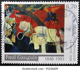 FRANCE - CIRCA 1998: A stamp printed in France shows the work "Vision after the Sermon" by Paul Gauguin, circa 1998