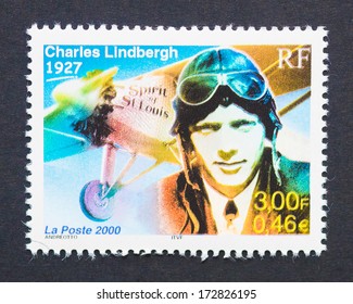 FRANCE - CIRCA 2000: A Postage Stamp Printed In France Showing An Image Of Charles Lindbergh And His Plane The Spirit Of St. Louis, Circa 2000. 