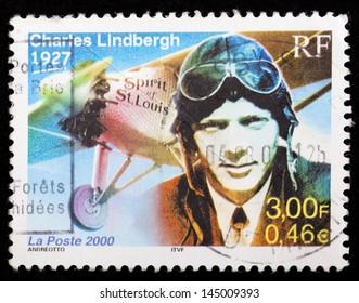 FRANCE - CIRCA 2000: A Stamp Printed In France Show A Picture Of Charles Lindbergh, Spirit Of St. Louis, Circa 2000