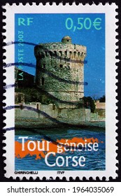 FRANCE - CIRCA 2003: A Stamp Printed In France Shows Genoese Tower, Corsica, One Of Many Towers Constructed By The Republic Of Genoa Between 1530 And 1620 To Stem Attacks By Pirates, Circa 2003