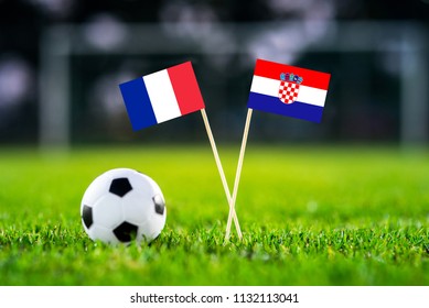 FRANCE And CROATIA National Flag On Football Green Grass. FINAL OF World Cup, Russia 2018
