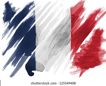 France. French Flag  Painted With Watercolor On Paper