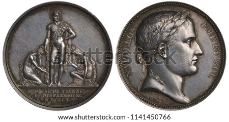France French medal mid 19th century, subject Conquering Cities of Vienna and Pressburg (Bratislava) by Napoleon in 1805, two kneeling female figures holding keys, Napoleon as ancient hero in center,