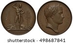 France French medal mid-19th century Battle of Friedland  1807, allegorical ancient warrior putting sword in sheath, tree, dead enemies, Napoleon laureate head right, 
