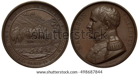 France French medal mid-19th century Napoleon memorial in St. Helena Island, grave, trees, hills, fence, bust of Napoleon in military uniform left, 