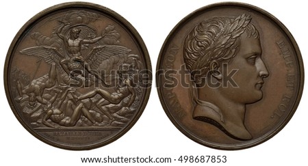 France French medal mid-19th century Battle of Jena 1806, Napoleon sitting on eagle crushes enemies with thunderbolts, Napoleon laureate head right, 