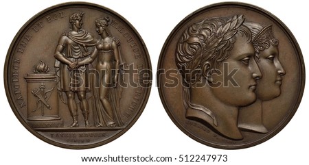 France French medal mid-19th century Napoleon second marriage to Louisa of Austria in 1810, two standing figures near altar, conjoined heads of Napoleon and Louisa right, bronze