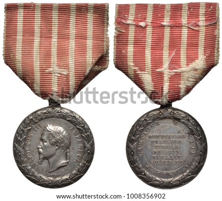 France French military silver medal for campaign in Italia in 1859, laureate head of Emperor Napoleon III left, list of cities within central circle, 