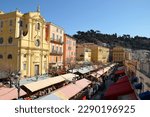 France, french riviera, Nice city, the provencal market of the Cours Saleya in the old town is very typical with its stalls of fruits, vegetables and flowers.