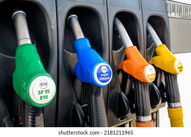 France - June 19, 2022: Close-up View Of A Four Nozzle Fuel Pump At A Gas Station Dispensing B10 Diesel (yellow), B7 Diesel (orange), E85 