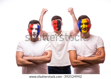 France - lose, Albania - win, Romania Ã¢?? lose. Football fans of national teams with crossed hand look at camera on white background. European 2016 football fans concept.