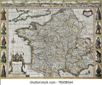 France Old Map, From The Prospect Of The Most Famous Part Of The World. Created By John Speed, Published In London, 1627